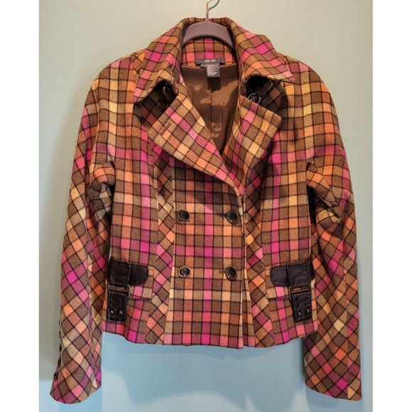 Per Se Jackets & Blazers - Per Se Wool Cashmere Blend Pink Brown Check Crop Double Breasted Jacket Size 6
